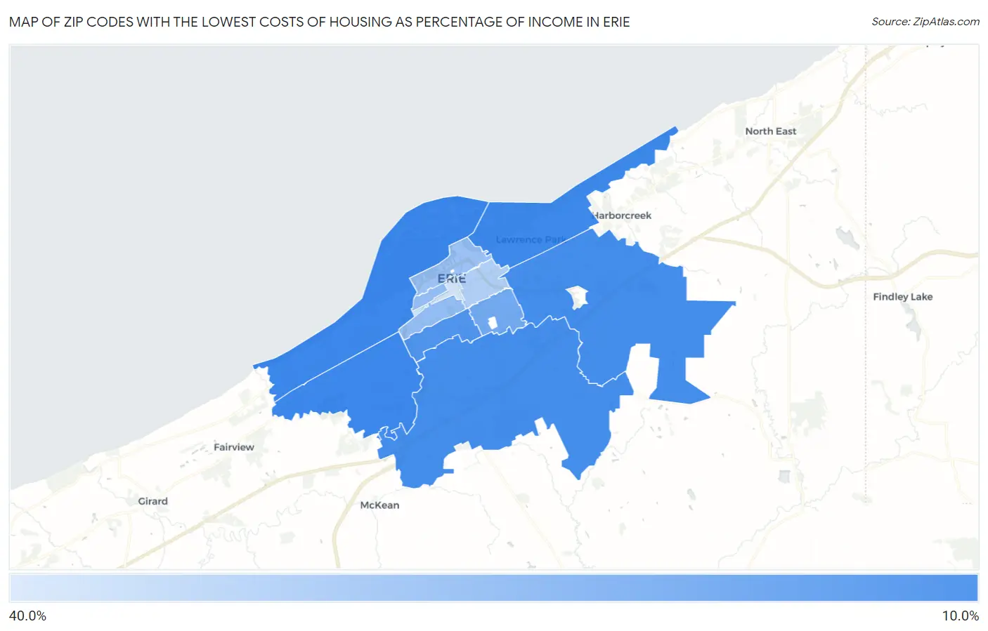Zip Codes with the Lowest Costs of Housing as Percentage of Income in Erie Map