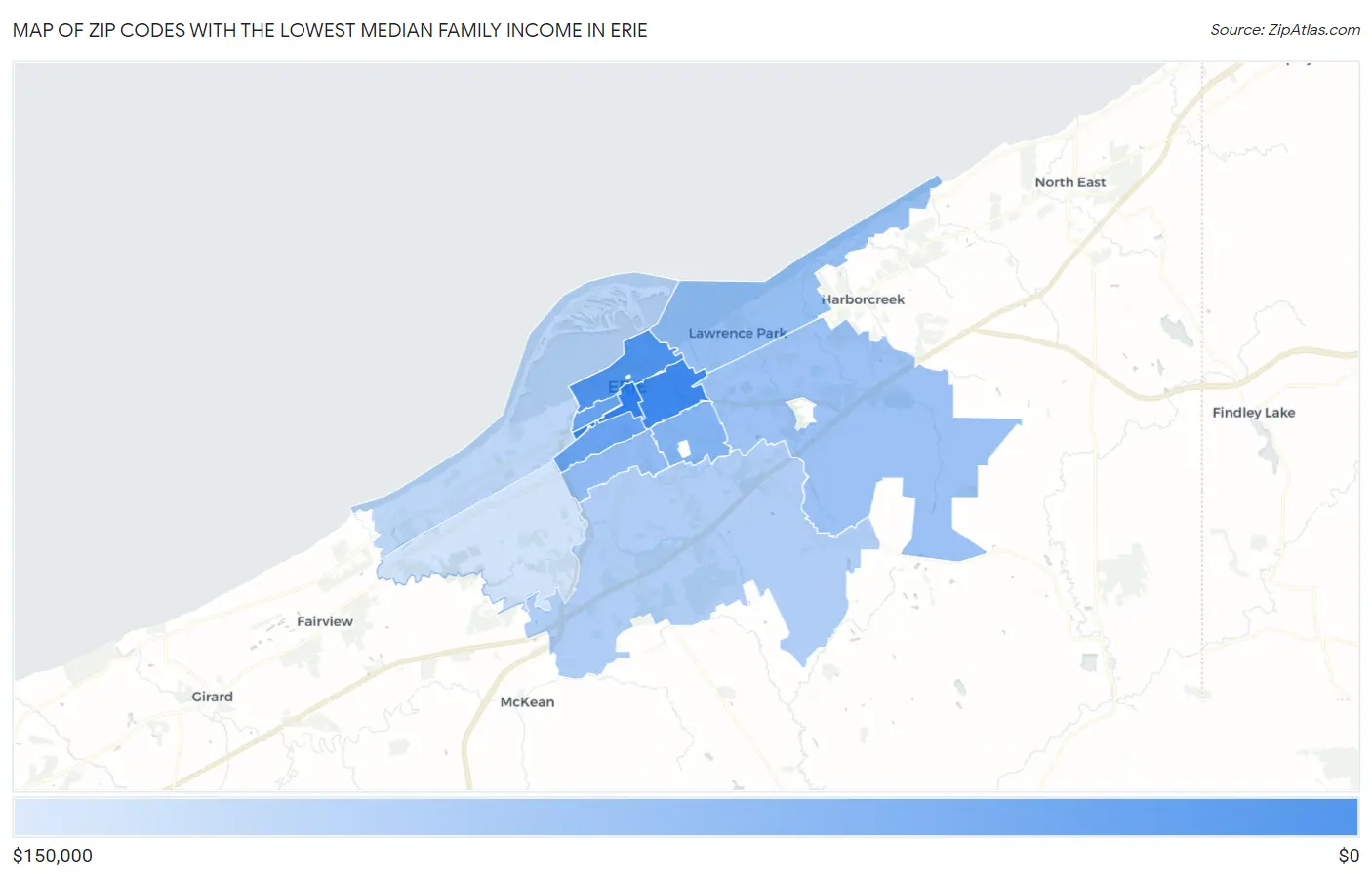 Zip Codes with the Lowest Median Family Income in Erie Map