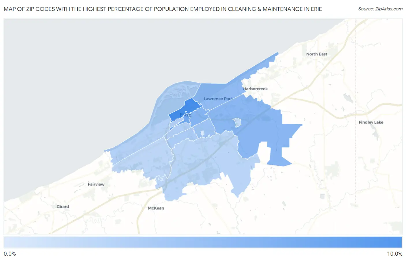 Zip Codes with the Highest Percentage of Population Employed in Cleaning & Maintenance in Erie Map
