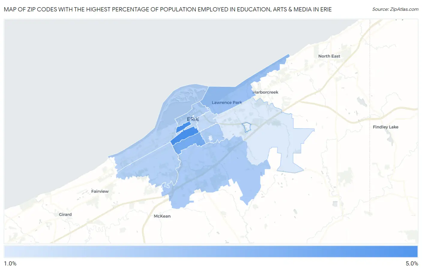 Zip Codes with the Highest Percentage of Population Employed in Education, Arts & Media in Erie Map