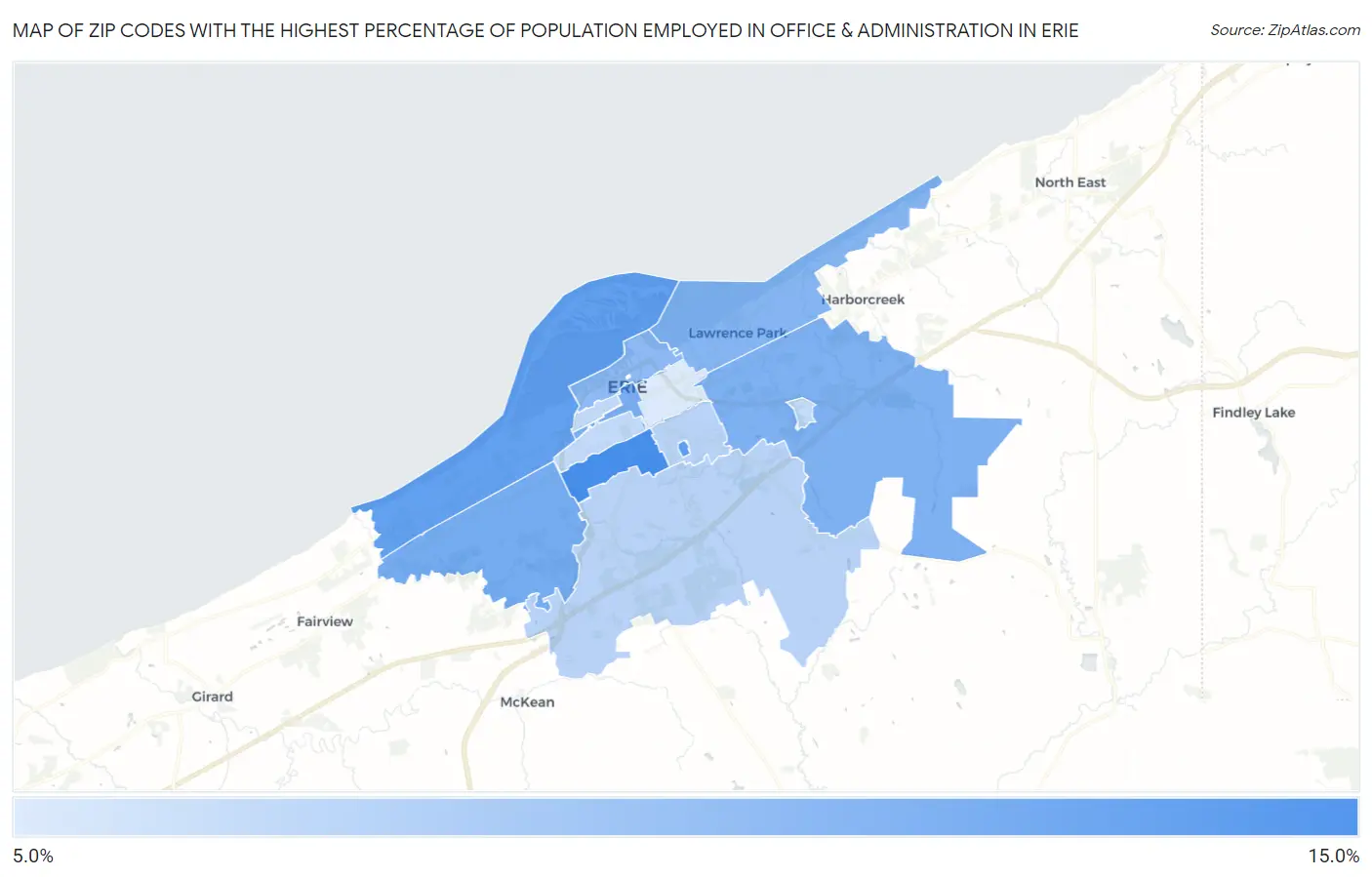 Zip Codes with the Highest Percentage of Population Employed in Office & Administration in Erie Map
