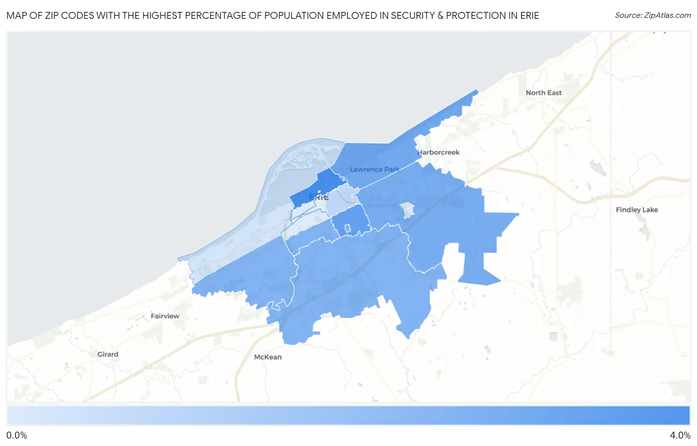 Zip Codes with the Highest Percentage of Population Employed in Security & Protection in Erie Map