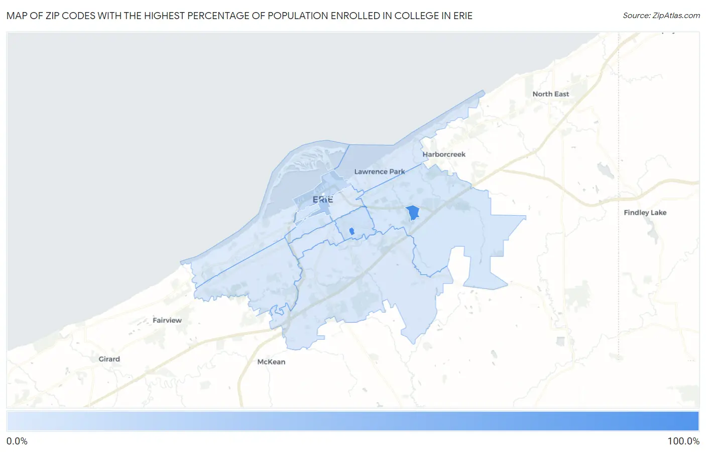 Zip Codes with the Highest Percentage of Population Enrolled in College in Erie Map