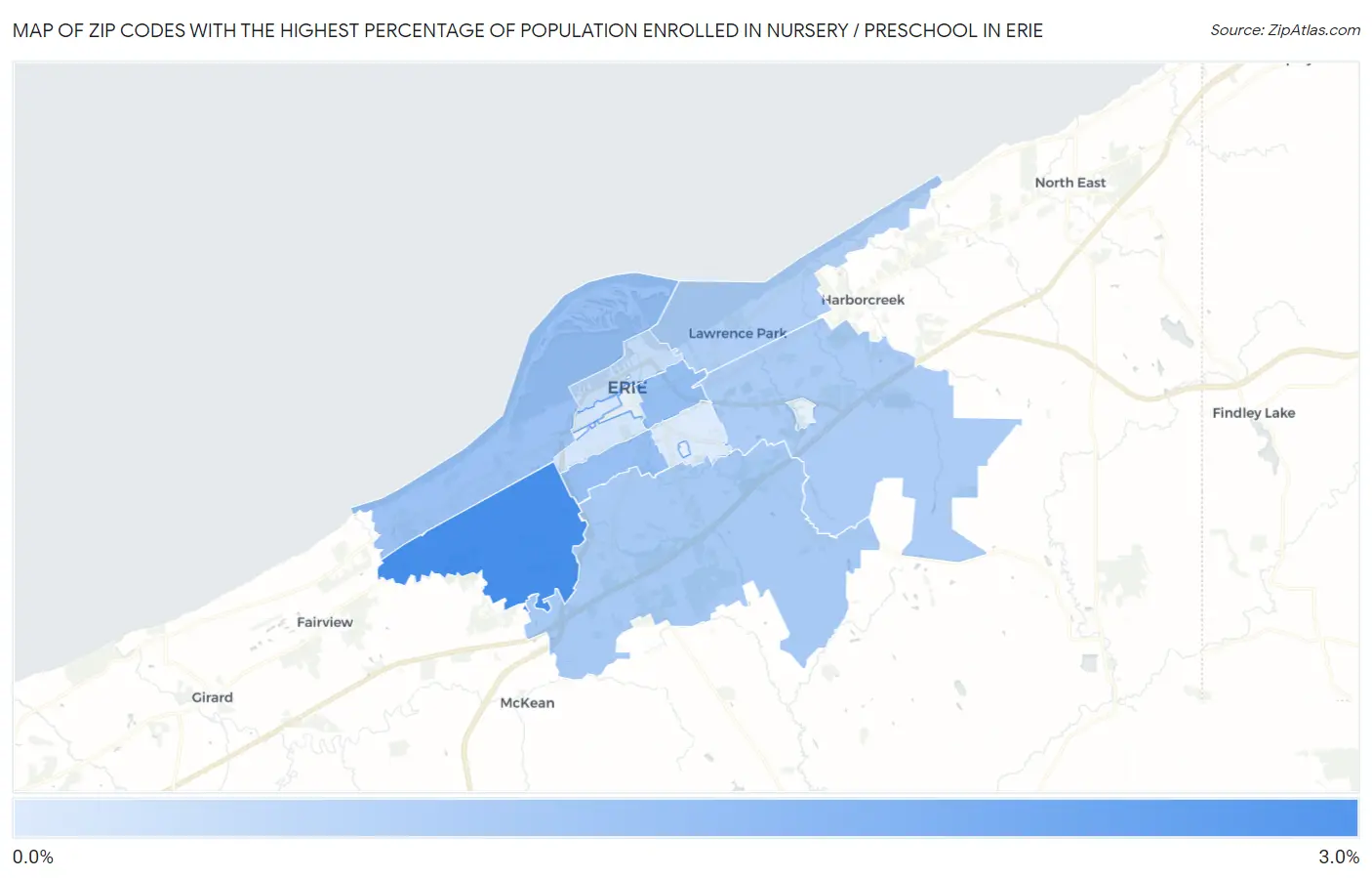 Zip Codes with the Highest Percentage of Population Enrolled in Nursery / Preschool in Erie Map