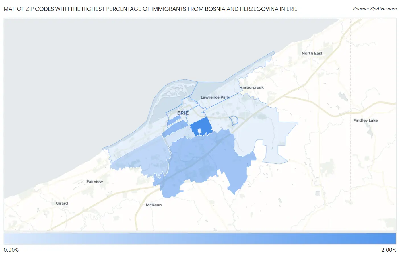 Zip Codes with the Highest Percentage of Immigrants from Bosnia and Herzegovina in Erie Map