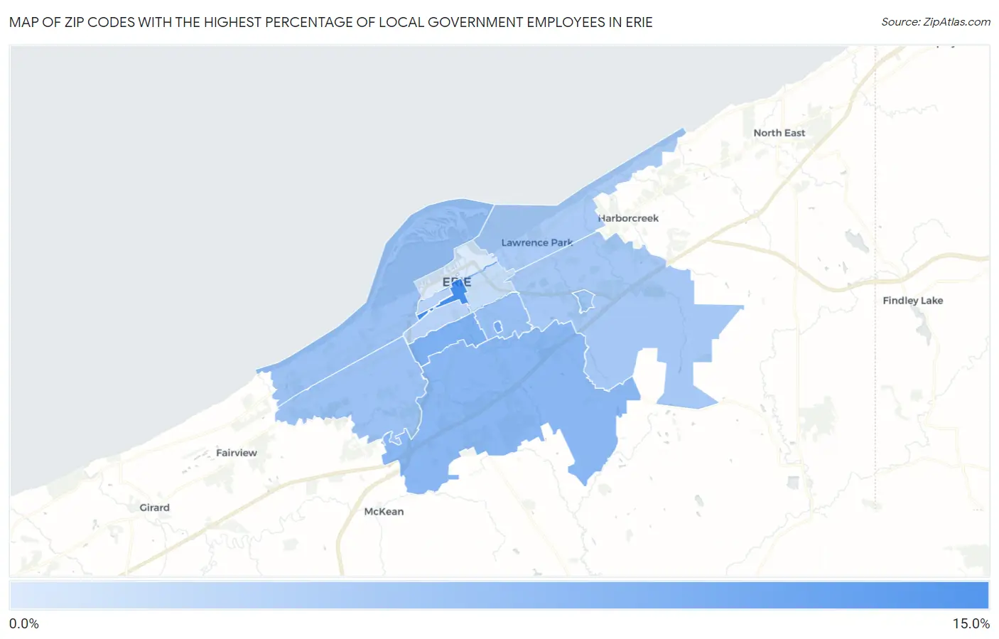 Zip Codes with the Highest Percentage of Local Government Employees in Erie Map