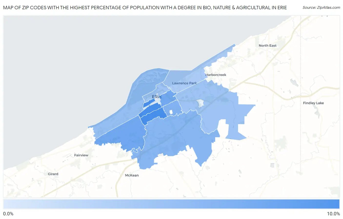 Zip Codes with the Highest Percentage of Population with a Degree in Bio, Nature & Agricultural in Erie Map