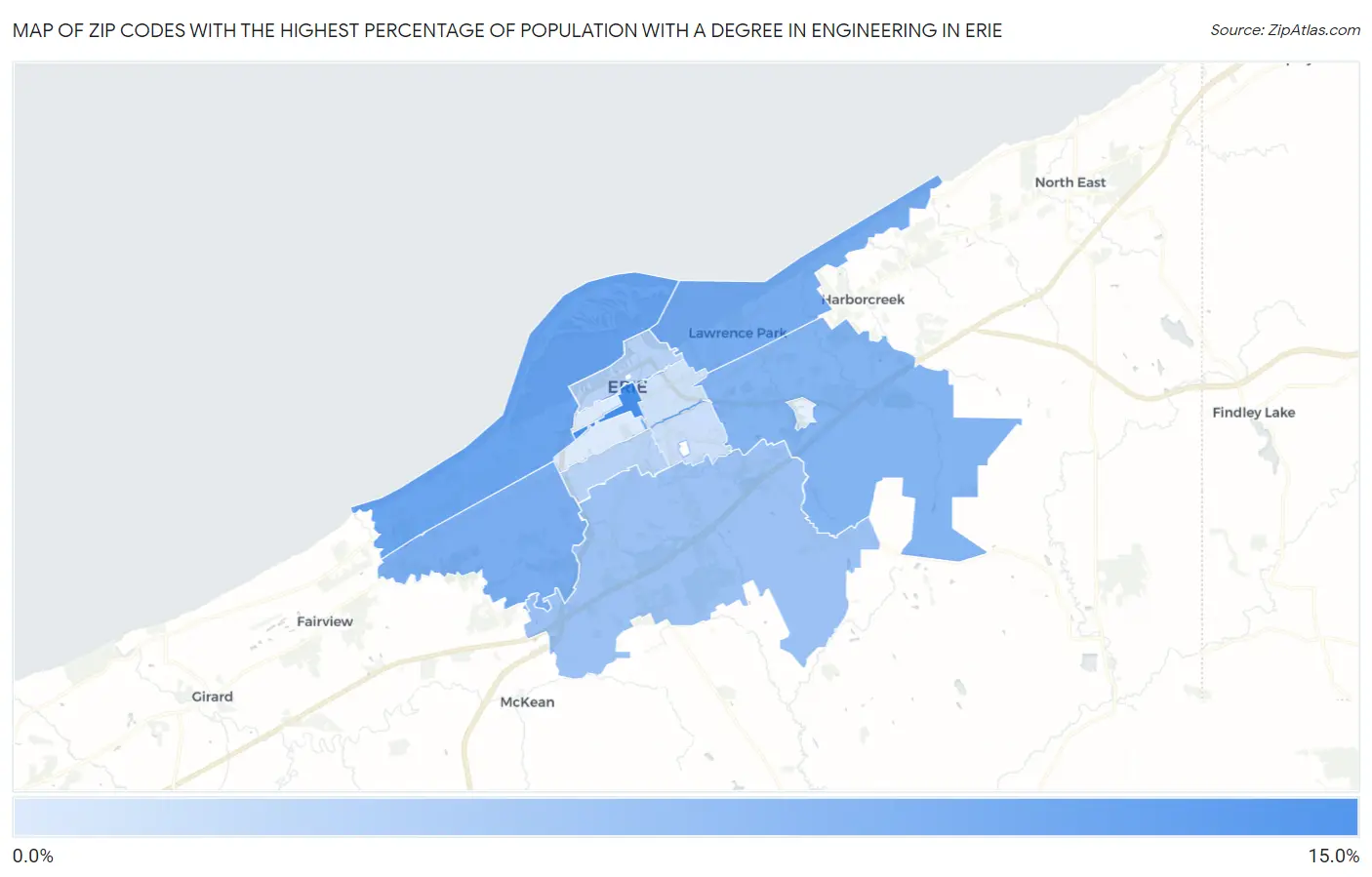 Zip Codes with the Highest Percentage of Population with a Degree in Engineering in Erie Map
