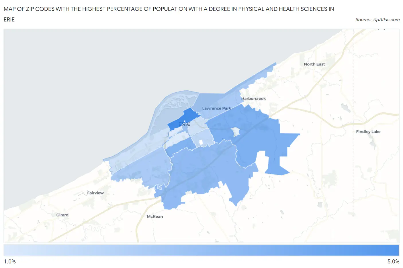 Zip Codes with the Highest Percentage of Population with a Degree in Physical and Health Sciences in Erie Map