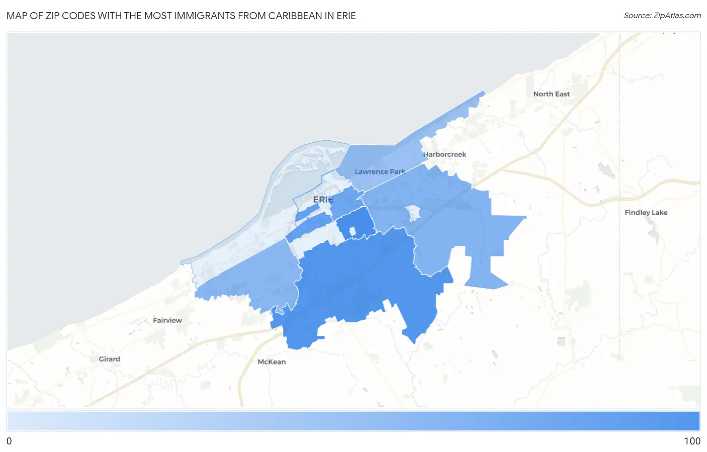 Zip Codes with the Most Immigrants from Caribbean in Erie Map