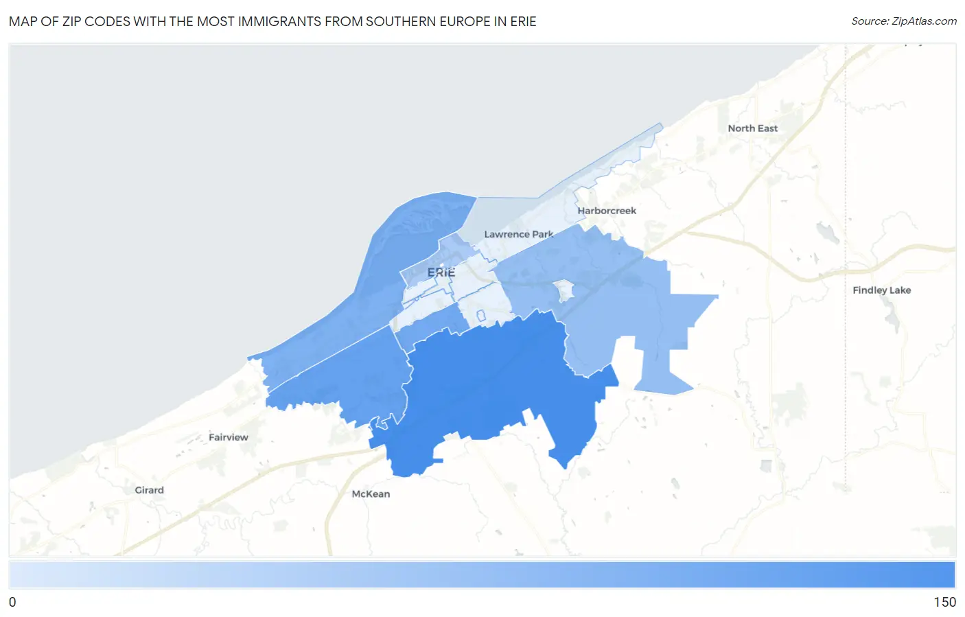 Zip Codes with the Most Immigrants from Southern Europe in Erie Map