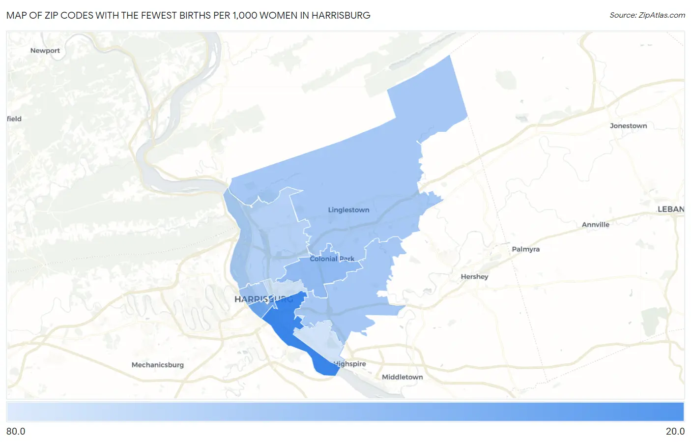 Zip Codes with the Fewest Births per 1,000 Women in Harrisburg Map