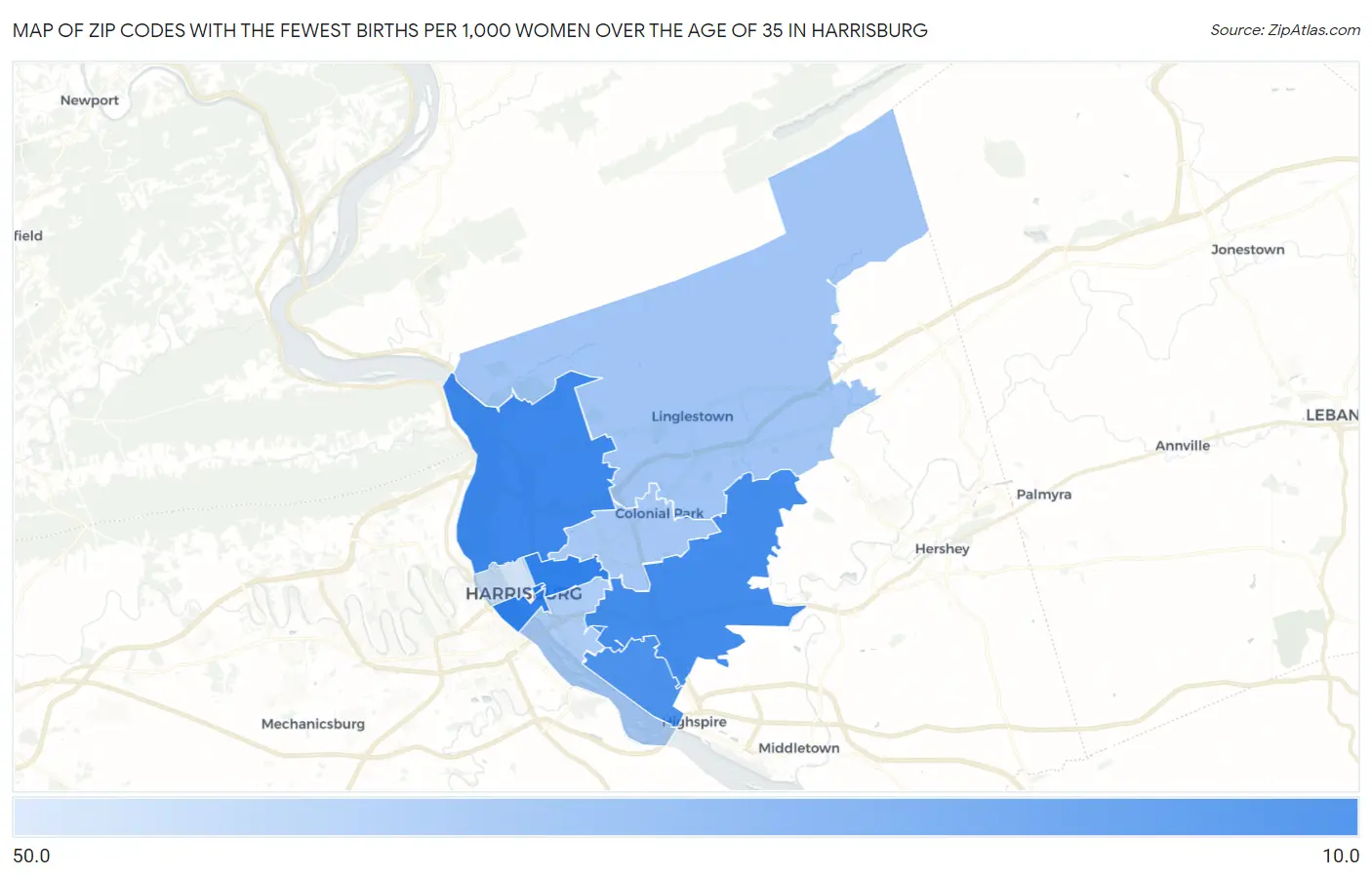 Zip Codes with the Fewest Births per 1,000 Women Over the Age of 35 in Harrisburg Map
