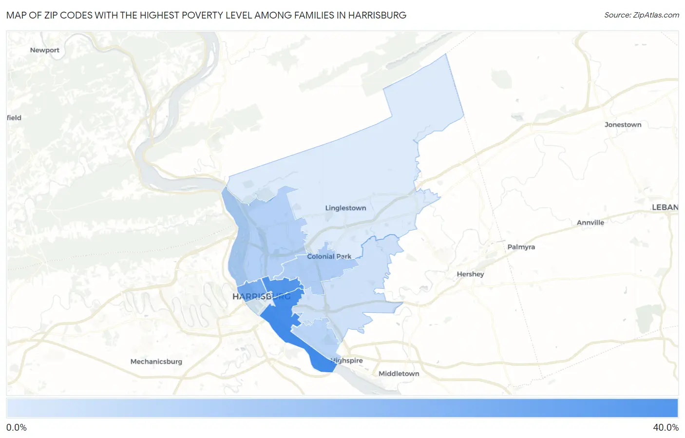 Zip Codes with the Highest Poverty Level Among Families in Harrisburg Map