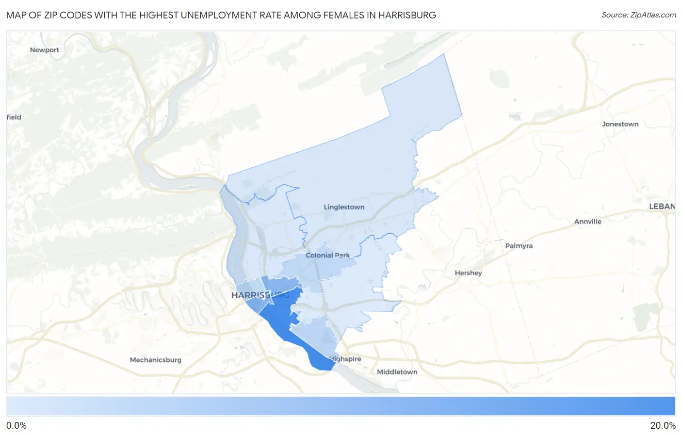 Zip Codes with the Highest Unemployment Rate Among Females in Harrisburg Map