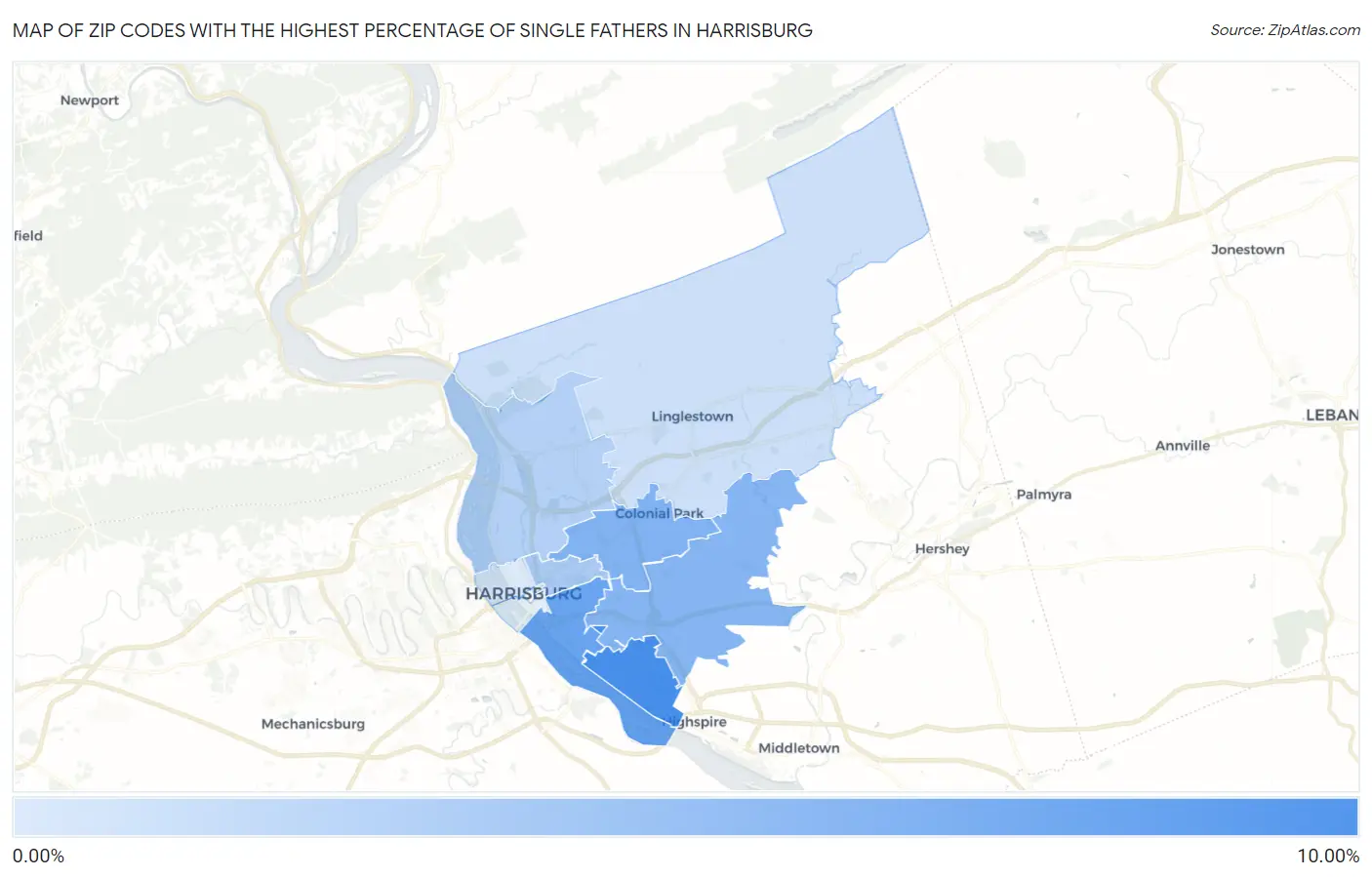 Zip Codes with the Highest Percentage of Single Fathers in Harrisburg Map