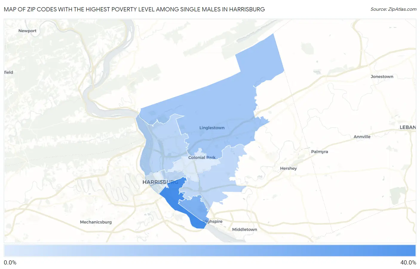 Zip Codes with the Highest Poverty Level Among Single Males in Harrisburg Map