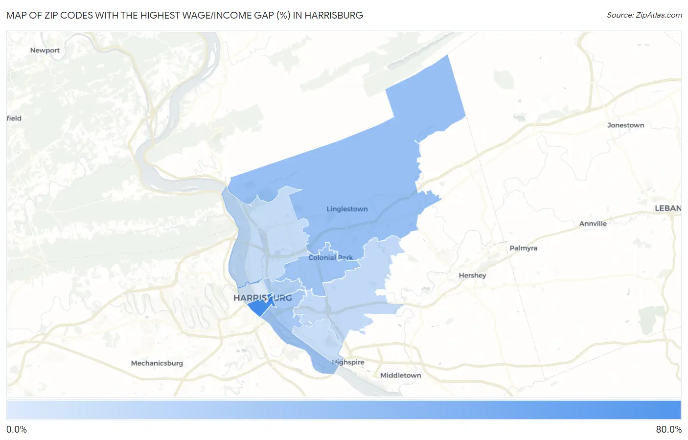 Zip Codes with the Highest Wage/Income Gap (%) in Harrisburg Map