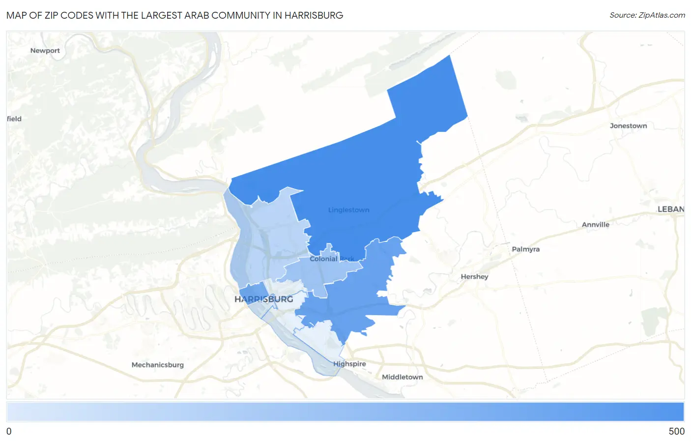 Zip Codes with the Largest Arab Community in Harrisburg Map
