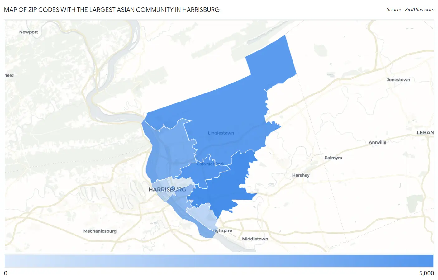 Zip Codes with the Largest Asian Community in Harrisburg Map