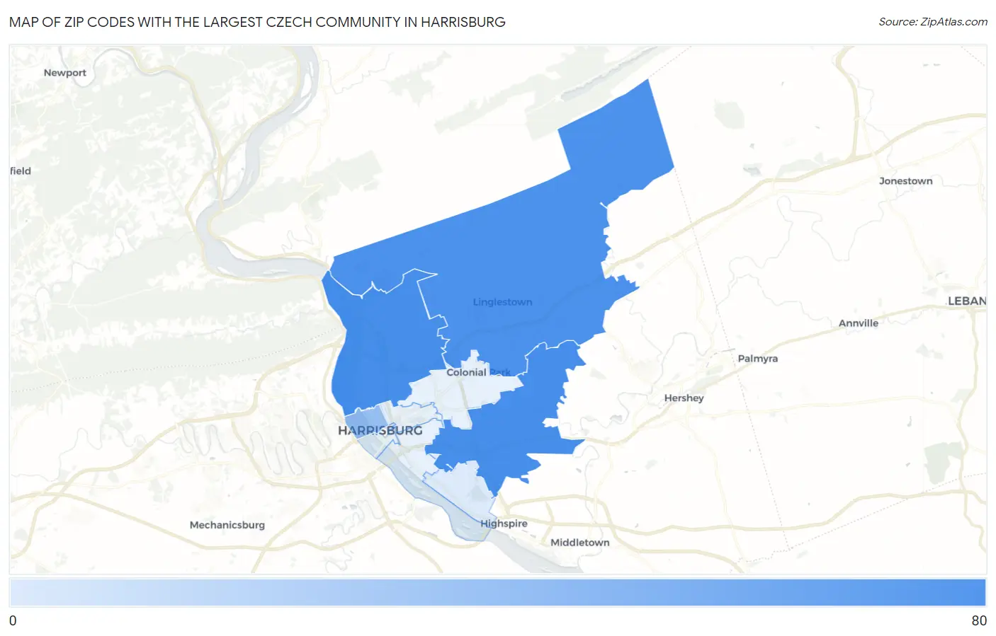 Zip Codes with the Largest Czech Community in Harrisburg Map