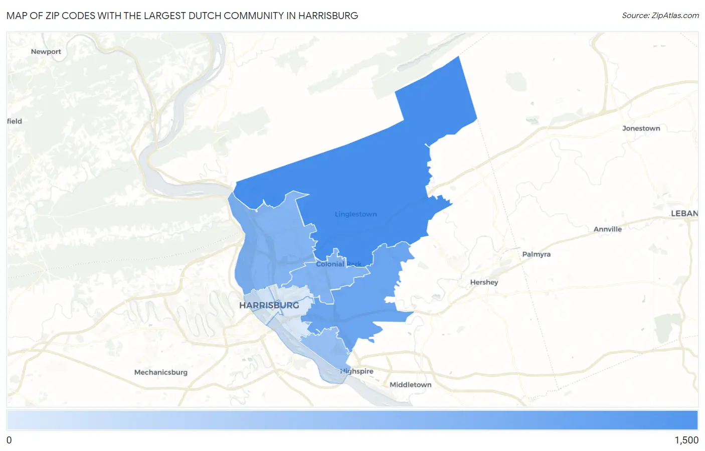 Zip Codes with the Largest Dutch Community in Harrisburg Map