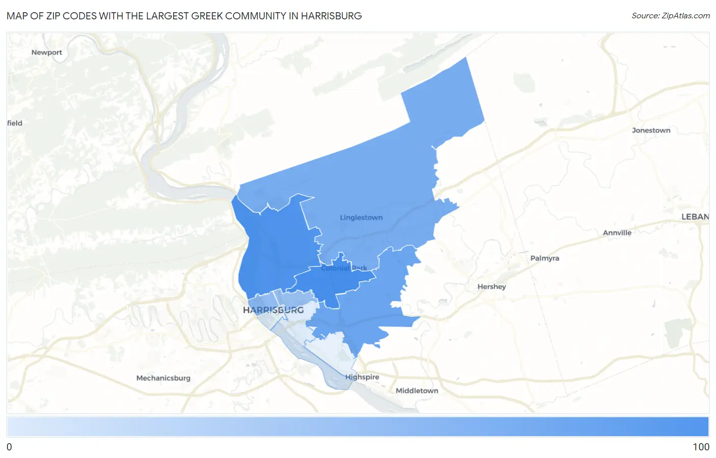 Zip Codes with the Largest Greek Community in Harrisburg Map