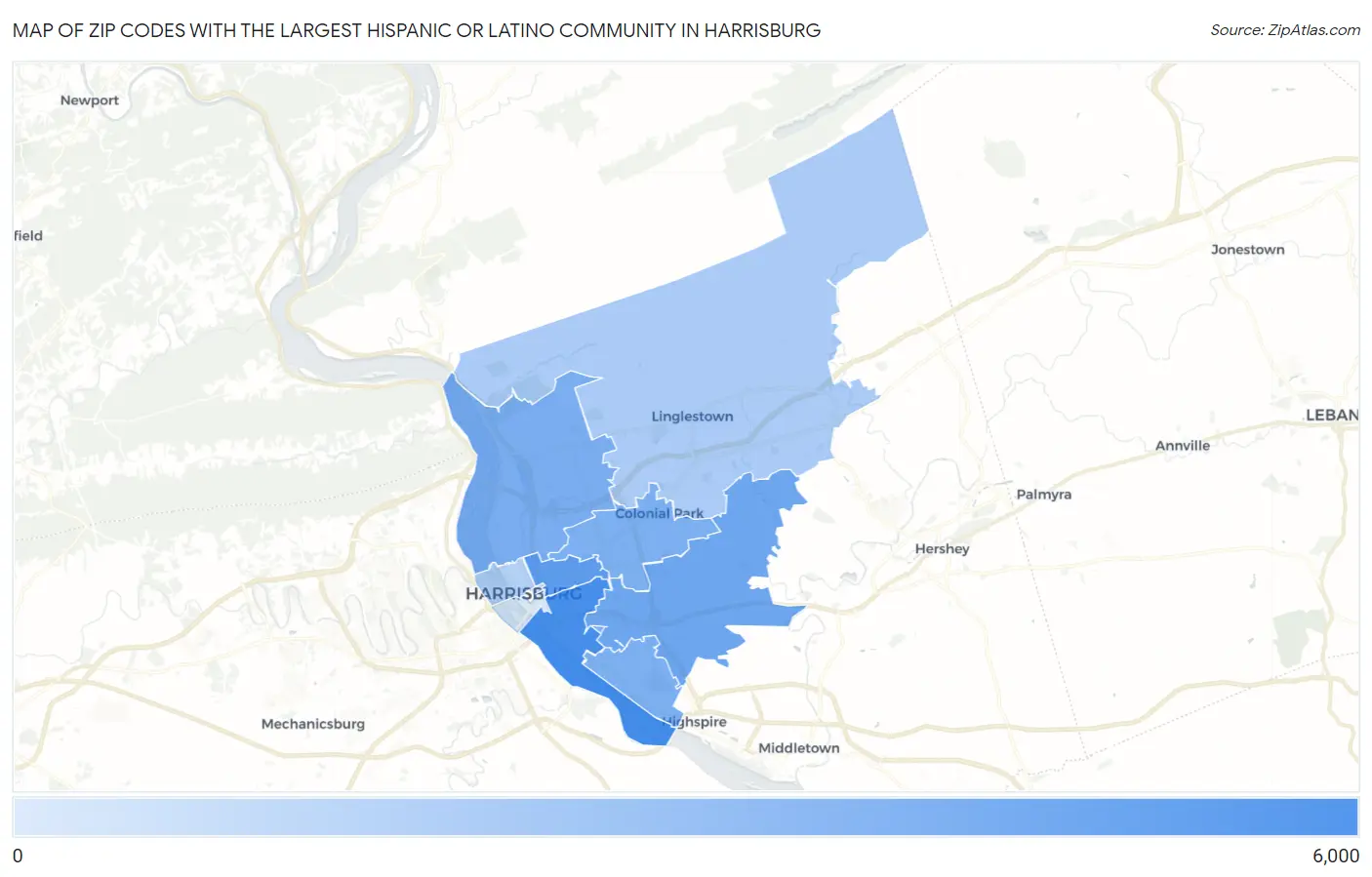 Zip Codes with the Largest Hispanic or Latino Community in Harrisburg Map