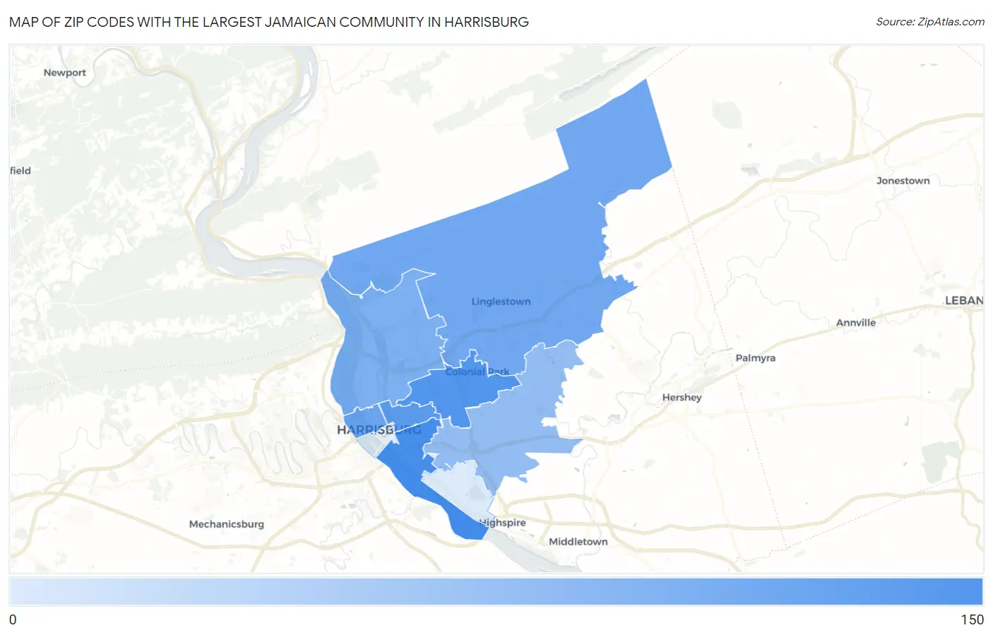 Zip Codes with the Largest Jamaican Community in Harrisburg Map