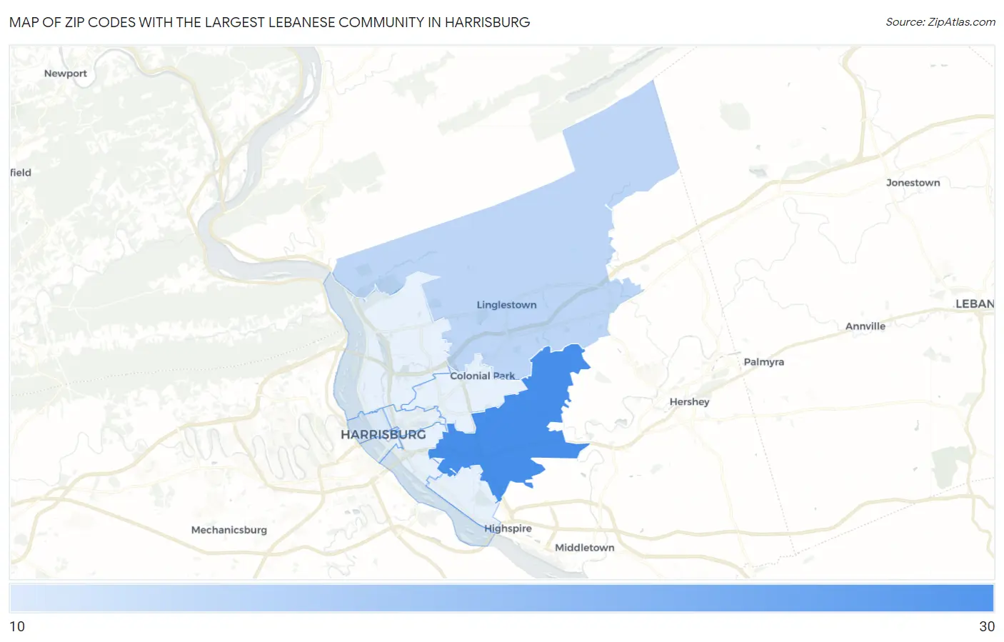Zip Codes with the Largest Lebanese Community in Harrisburg Map