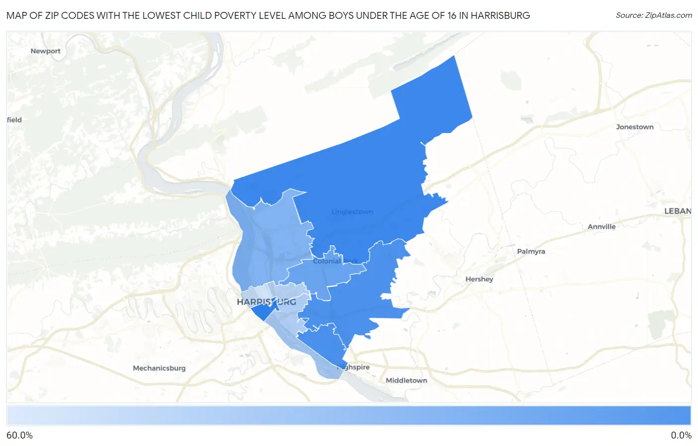 Zip Codes with the Lowest Child Poverty Level Among Boys Under the Age of 16 in Harrisburg Map