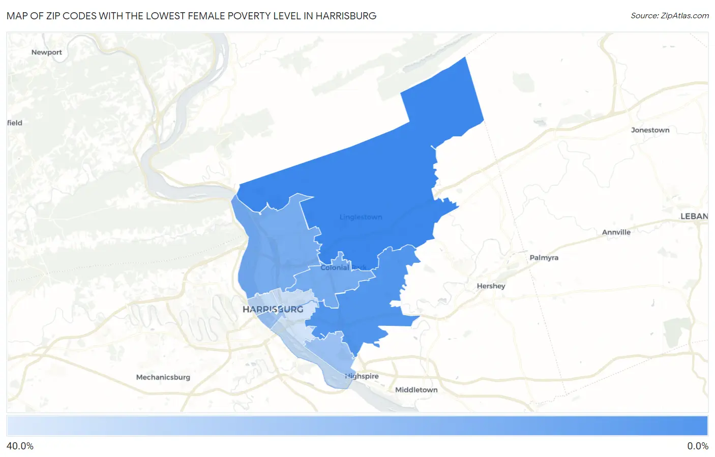Zip Codes with the Lowest Female Poverty Level in Harrisburg Map
