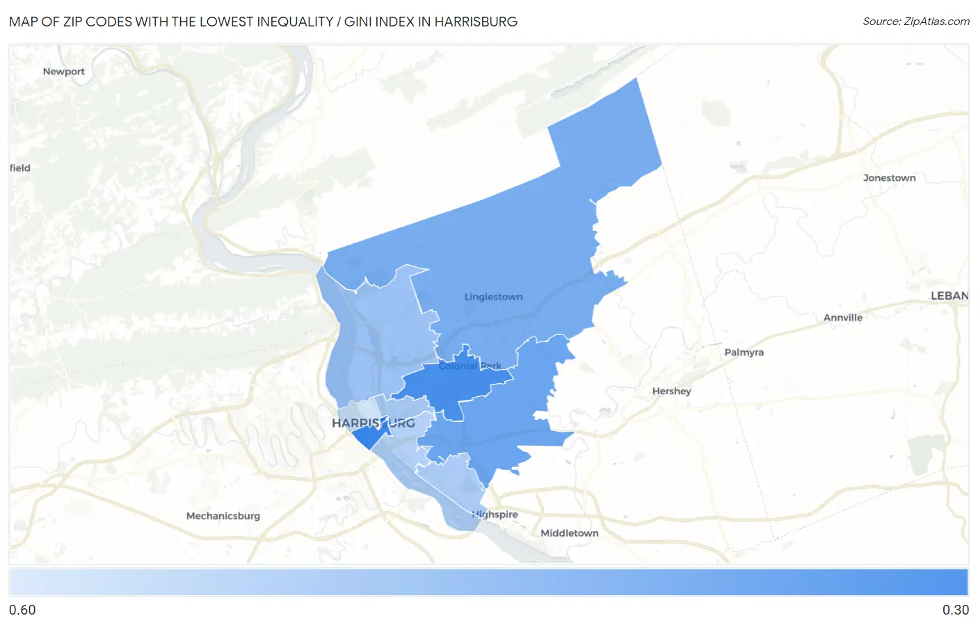 Zip Codes with the Lowest Inequality / Gini Index in Harrisburg Map