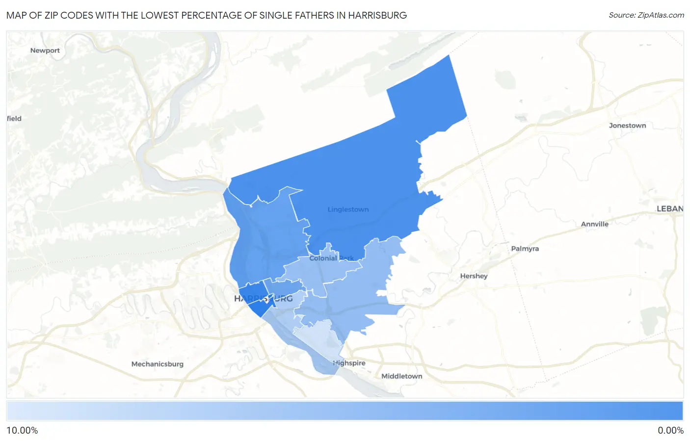 Zip Codes with the Lowest Percentage of Single Fathers in Harrisburg Map