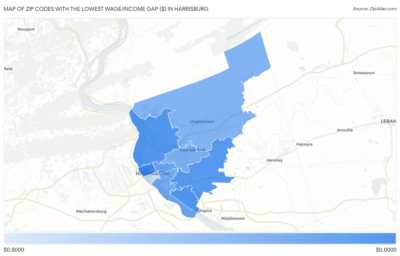 Zip Codes with the Lowest Wage/Income Gap ($) in Harrisburg Map