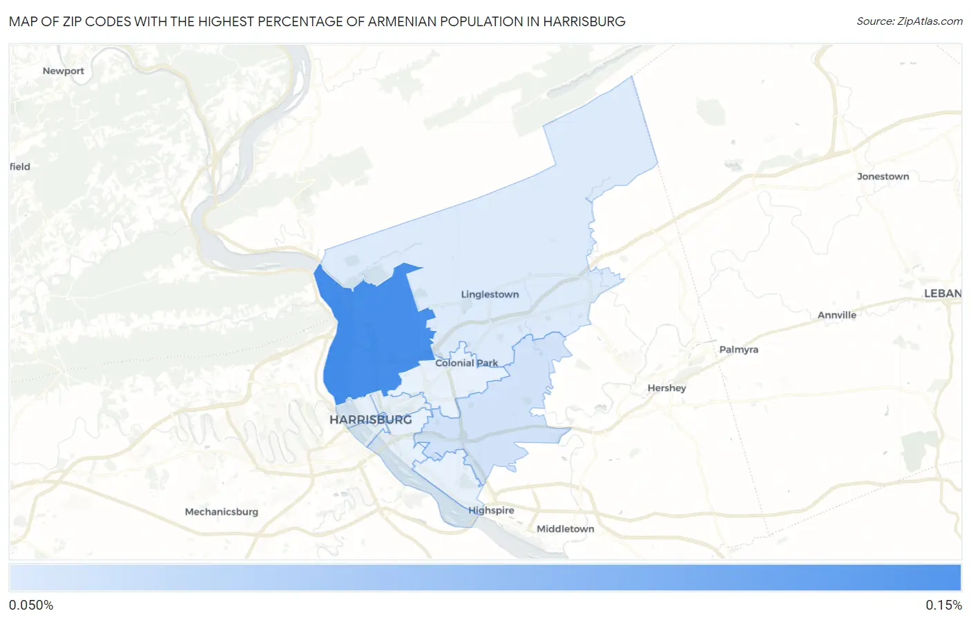 Zip Codes with the Highest Percentage of Armenian Population in Harrisburg Map
