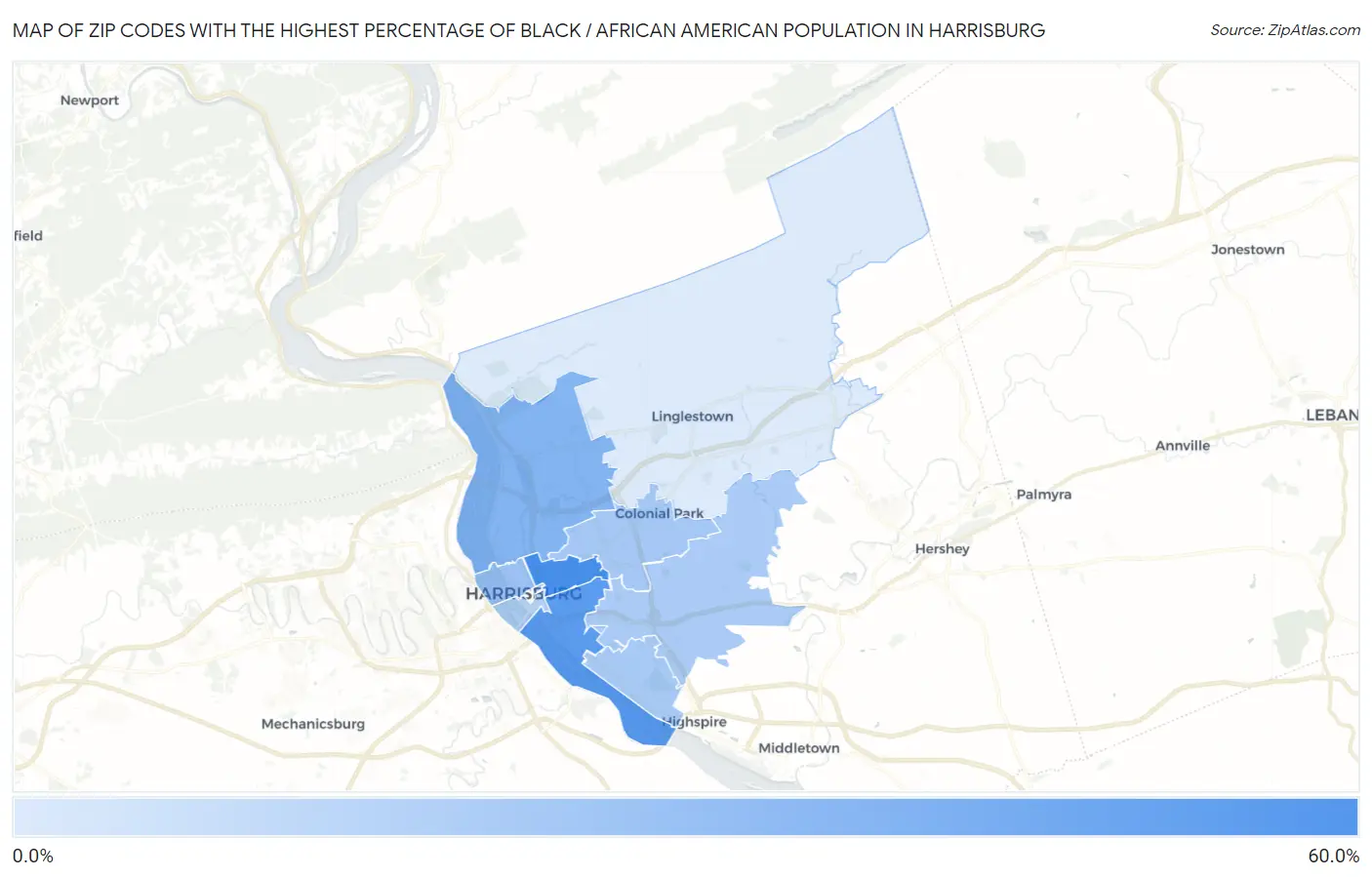 Zip Codes with the Highest Percentage of Black / African American Population in Harrisburg Map