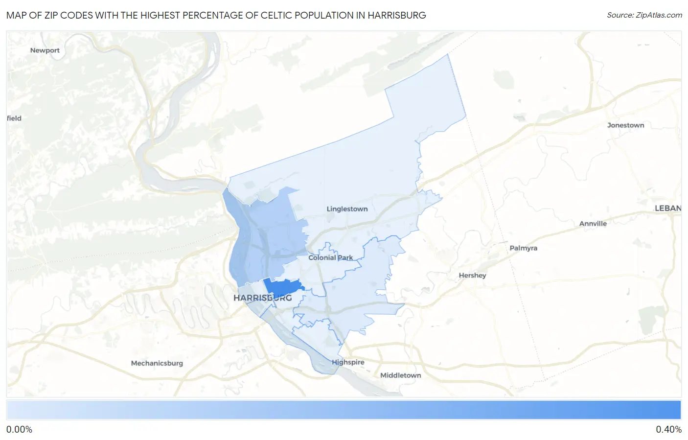 Zip Codes with the Highest Percentage of Celtic Population in Harrisburg Map