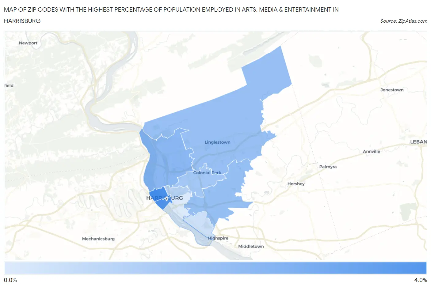 Zip Codes with the Highest Percentage of Population Employed in Arts, Media & Entertainment in Harrisburg Map