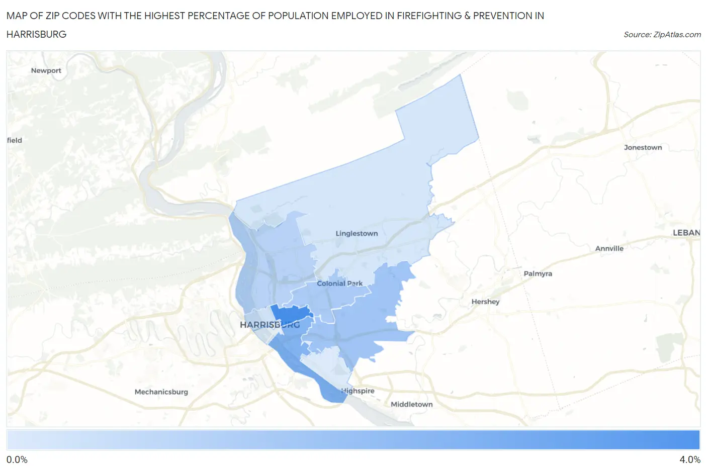 Zip Codes with the Highest Percentage of Population Employed in Firefighting & Prevention in Harrisburg Map