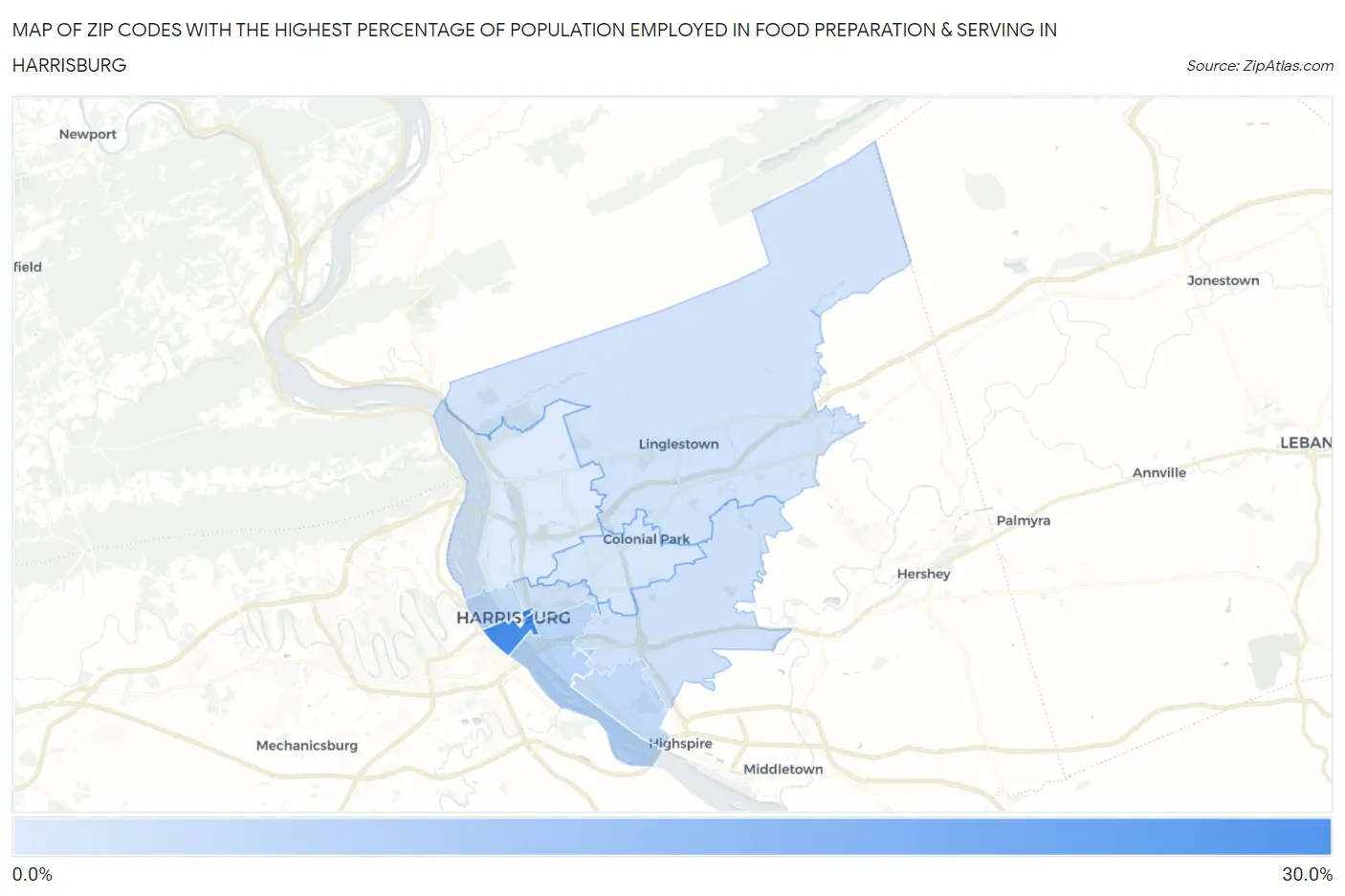 Zip Codes with the Highest Percentage of Population Employed in Food Preparation & Serving in Harrisburg Map