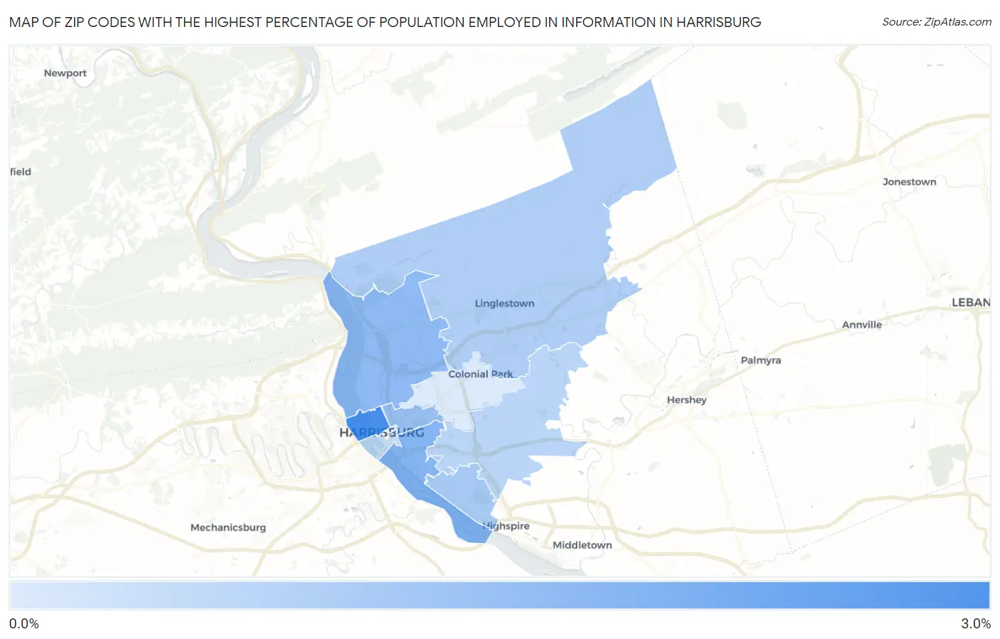 Zip Codes with the Highest Percentage of Population Employed in Information in Harrisburg Map