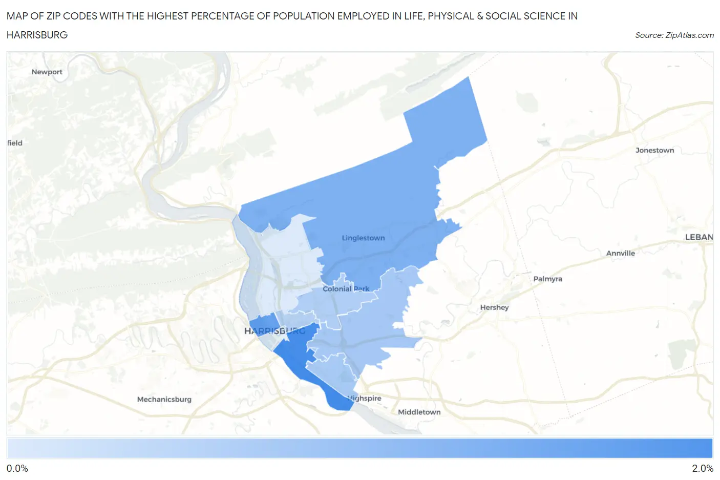 Zip Codes with the Highest Percentage of Population Employed in Life, Physical & Social Science in Harrisburg Map