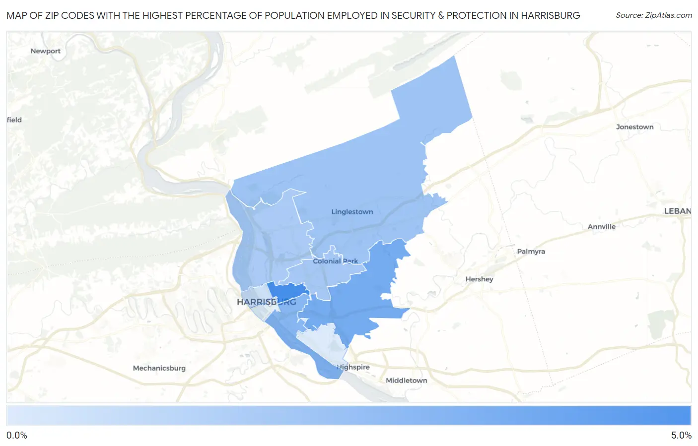 Zip Codes with the Highest Percentage of Population Employed in Security & Protection in Harrisburg Map