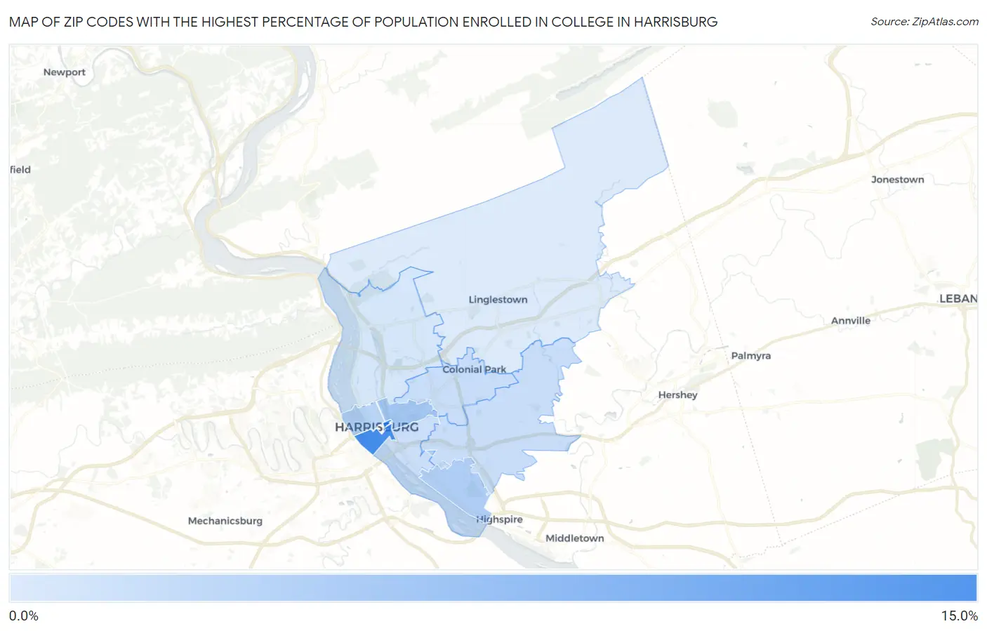 Zip Codes with the Highest Percentage of Population Enrolled in College in Harrisburg Map