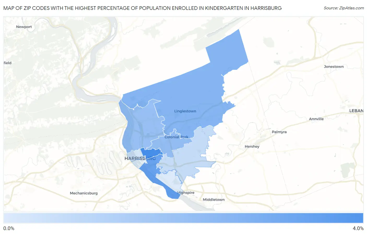 Zip Codes with the Highest Percentage of Population Enrolled in Kindergarten in Harrisburg Map