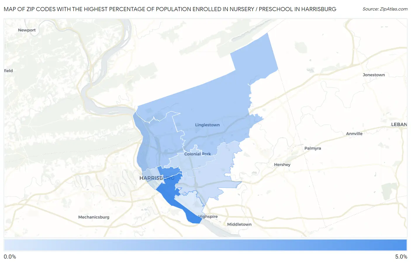Zip Codes with the Highest Percentage of Population Enrolled in Nursery / Preschool in Harrisburg Map