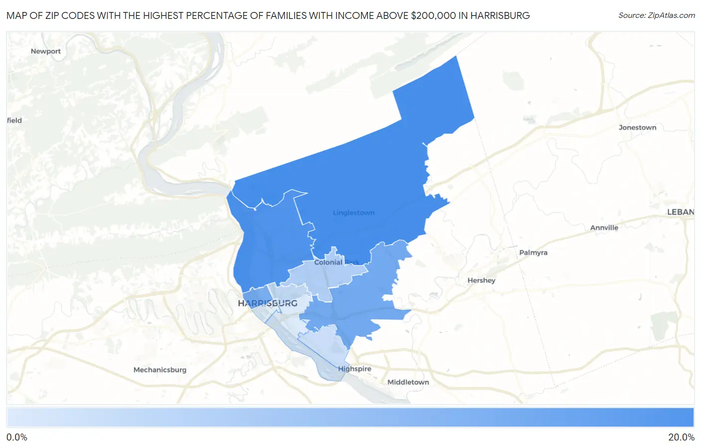 Zip Codes with the Highest Percentage of Families with Income Above $200,000 in Harrisburg Map