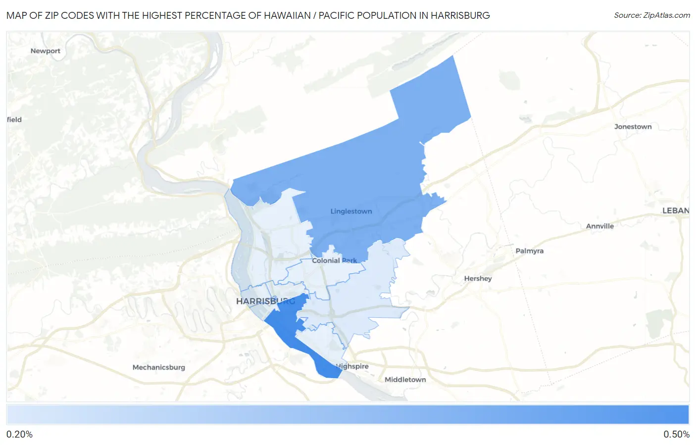 Zip Codes with the Highest Percentage of Hawaiian / Pacific Population in Harrisburg Map