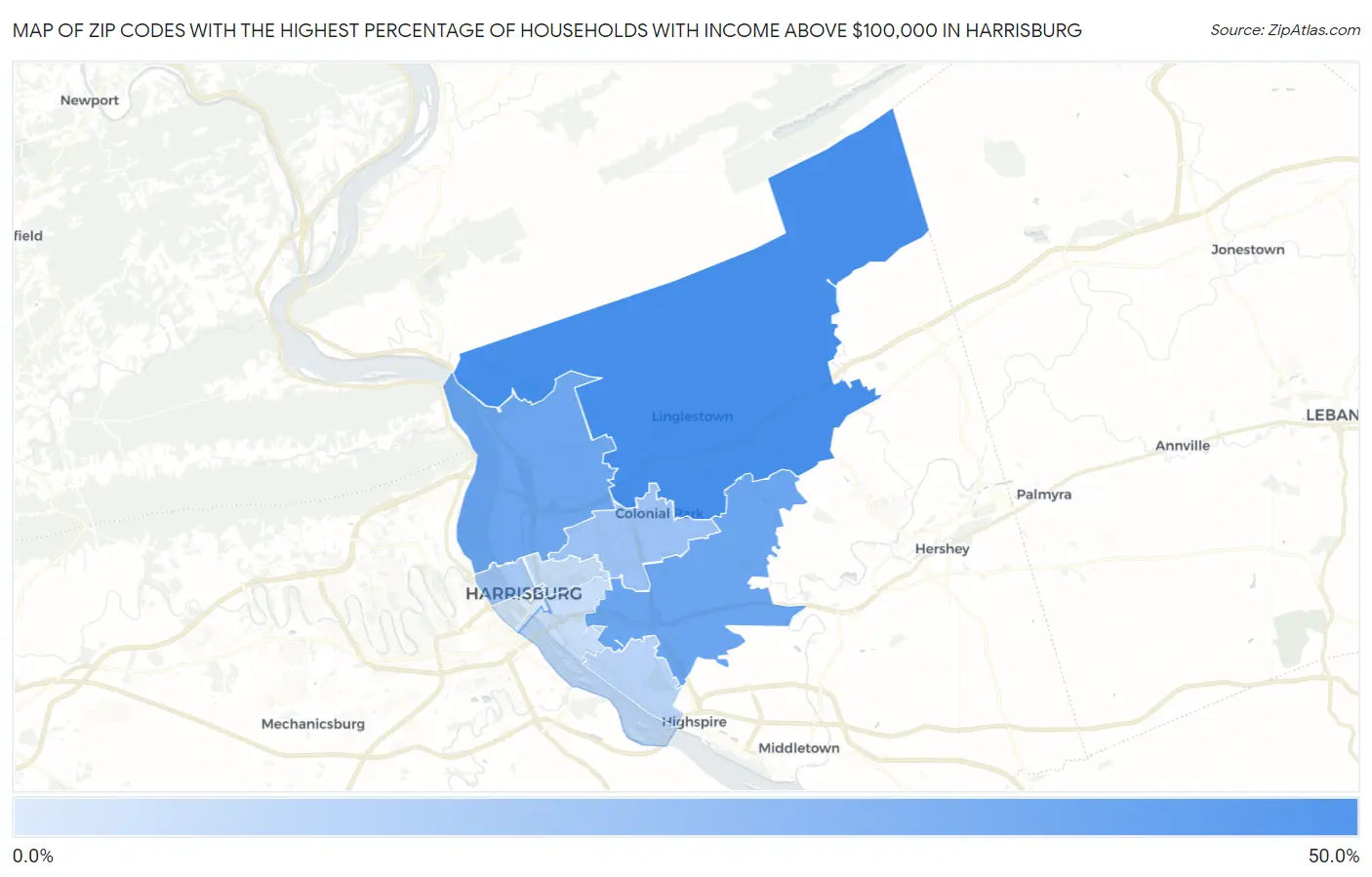 Zip Codes with the Highest Percentage of Households with Income Above $100,000 in Harrisburg Map